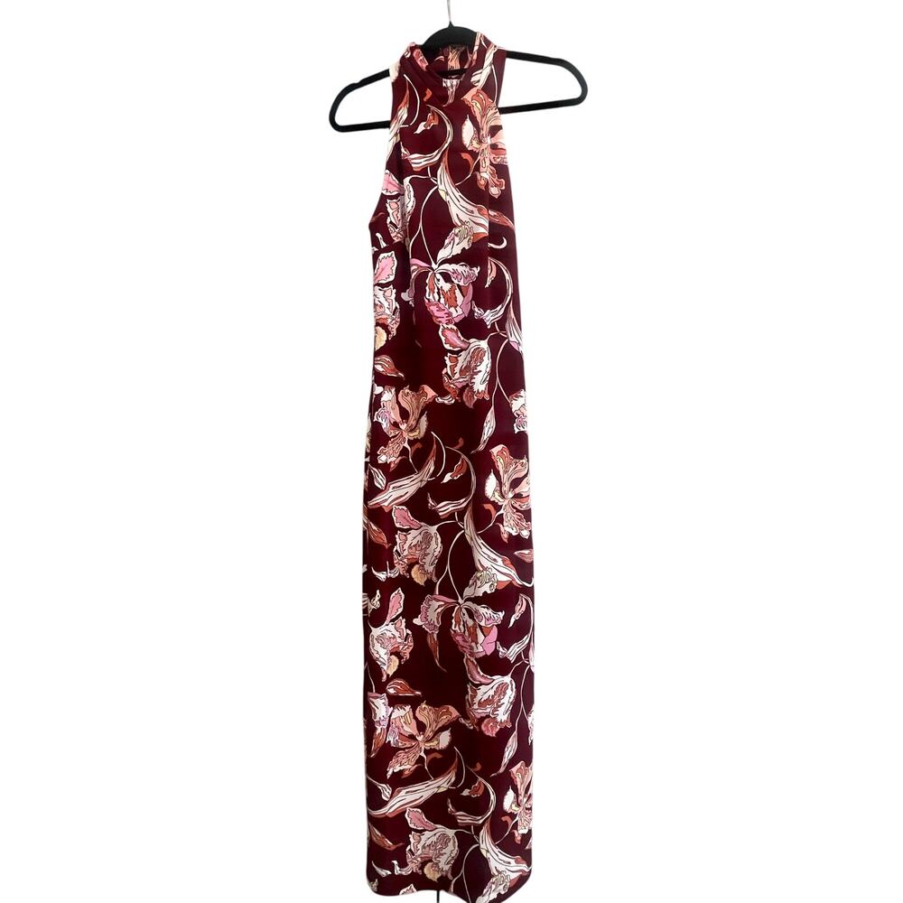 Rachel Roy Bordeaux Floral Print Halter Neck Maxi Dress Size S Maroon Pink